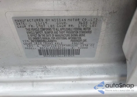 2020 Nissan Versa S Xtronic Cvt z USA, uszkodzony, nr VIN 3N1CN8DV6LL843214